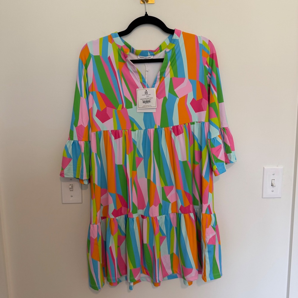 Mary Square Laguna Sea Glass Dress Multi Geometric Tiered Ruffle Mini Small NEW